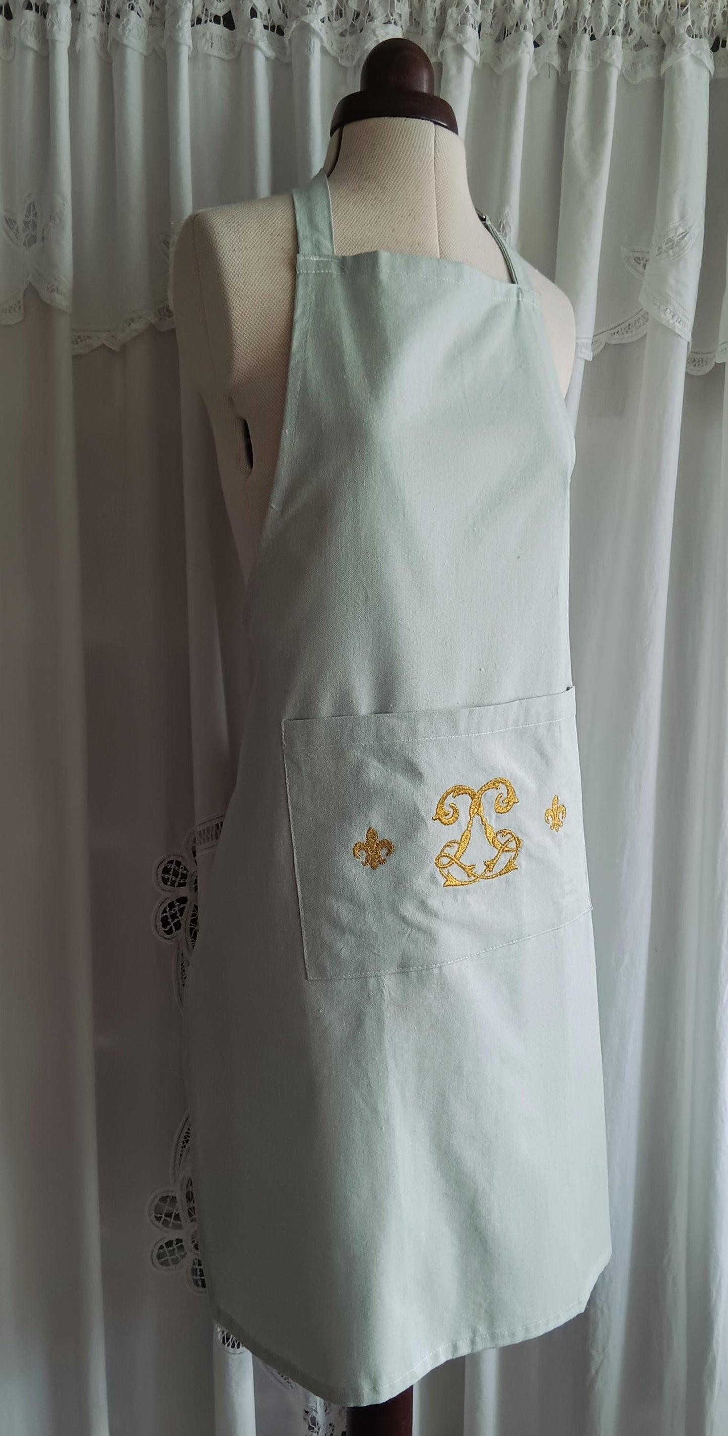 Tablier de cuisine / jardinage - Monogramme de Louis XV - vert amande
