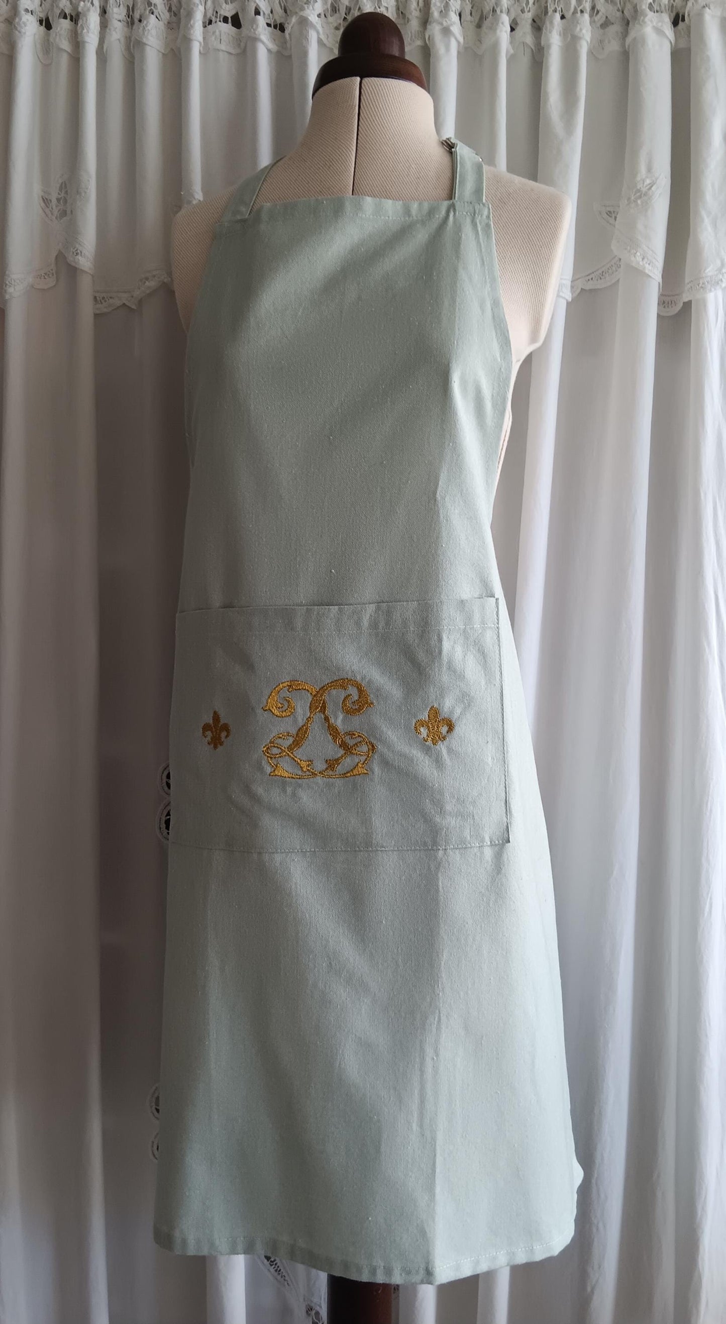 Tablier de cuisine / jardinage - Monogramme de Louis XV - vert amande